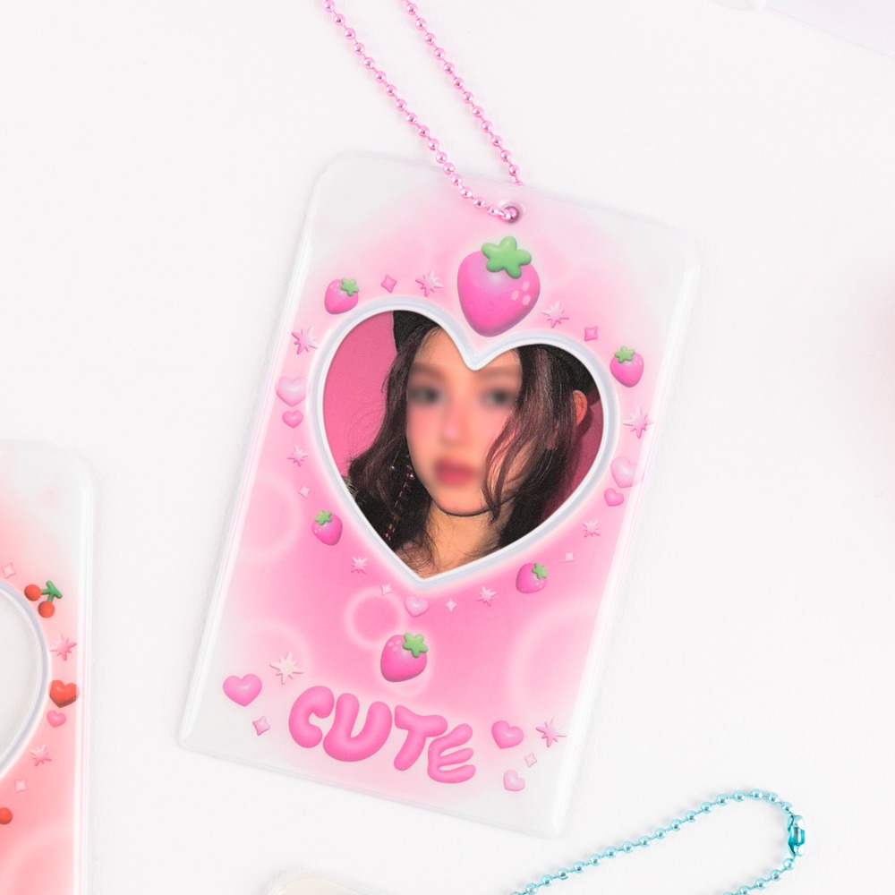 [먀우먀우] Cute&amp;Cool 핑크딸기 하트참 포토카드 홀더 키링더키월드
